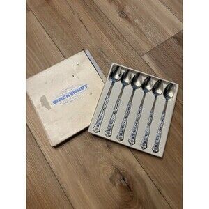 Vintage Wackenhut Enamel Blue and White Floral Teaspoon Set of 6